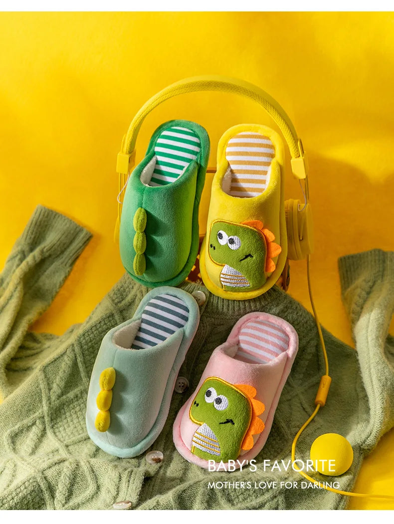 Children Cartoon Dino Fur Slipper Soft Autumn Winter Warm Princess Baby Boys Girl Indoor Home Bedroom Cotton Fleece Fur Shoes