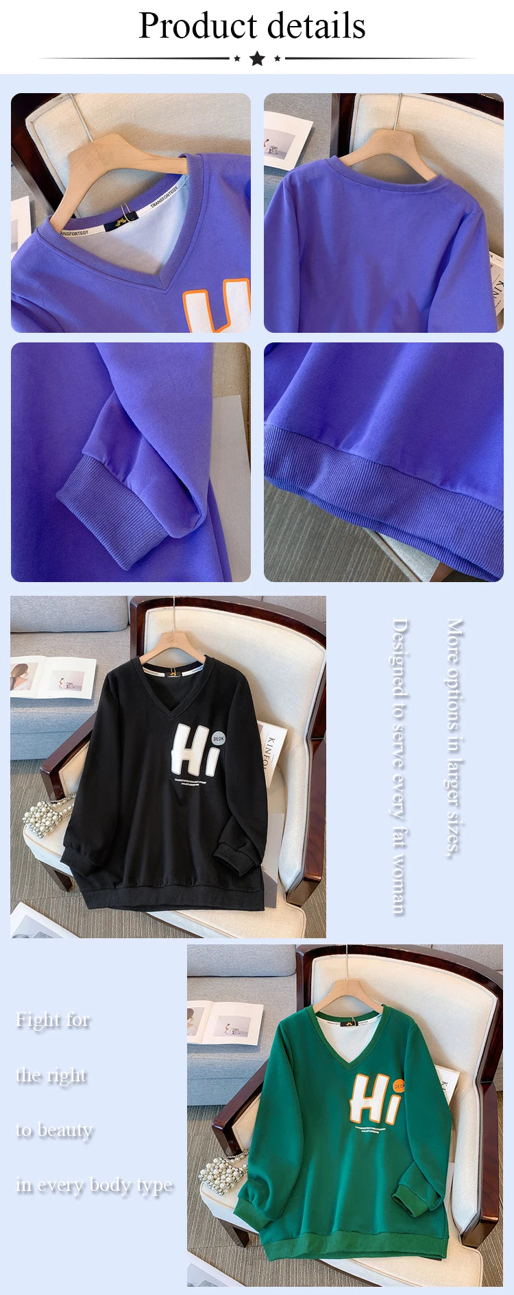 Plus-size women's Fall/Winter Casual commute loose and comfortable hoodie cartoon print purple green V-neck long sleeve top big