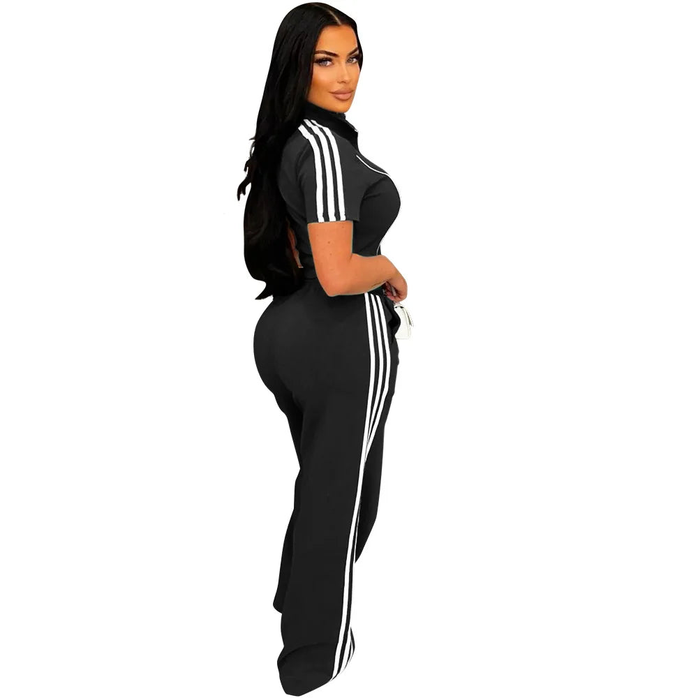 Fashion Casual Short Hoodie 2 Piece Women Summer Zipper Top Short Sleeved Sports T Shirt Stripe Splicing Long Pants Female Suit
