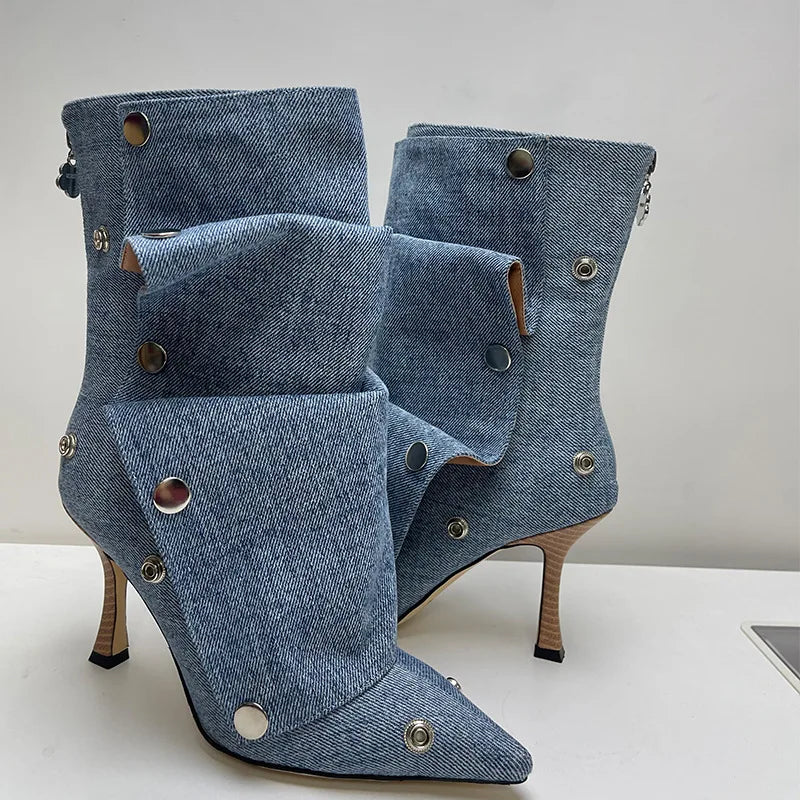 2025 Classics Women Pointed Toe Strange Heels Boots For Woman's Rivet Button Zipper-Sid Solid Color High Heels Shoes Botas Altas