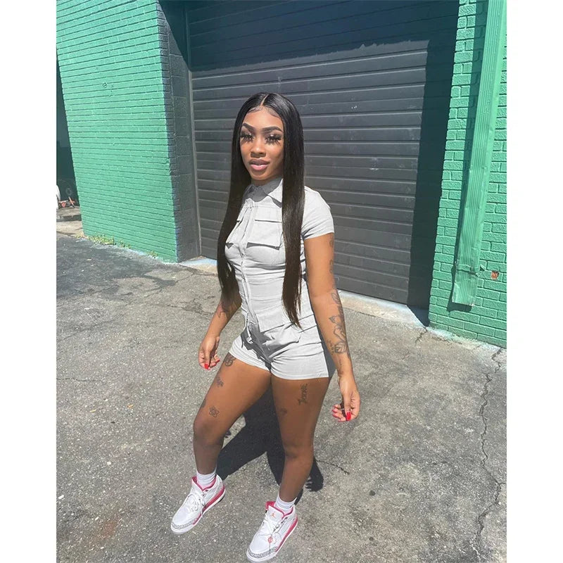 Streetwear Zipper Pockets Shorts Jumpsuit Women Clothing Short Sleeve Skinny Cargo Playsuit Summer Casual One Pieces Romper