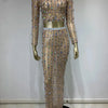 Festival Outfit Women High End Fashion Nude Color Rhinestone Mesh Long Sleeve O Neck Crop Top and Long Skirts Gala Two Piece Set