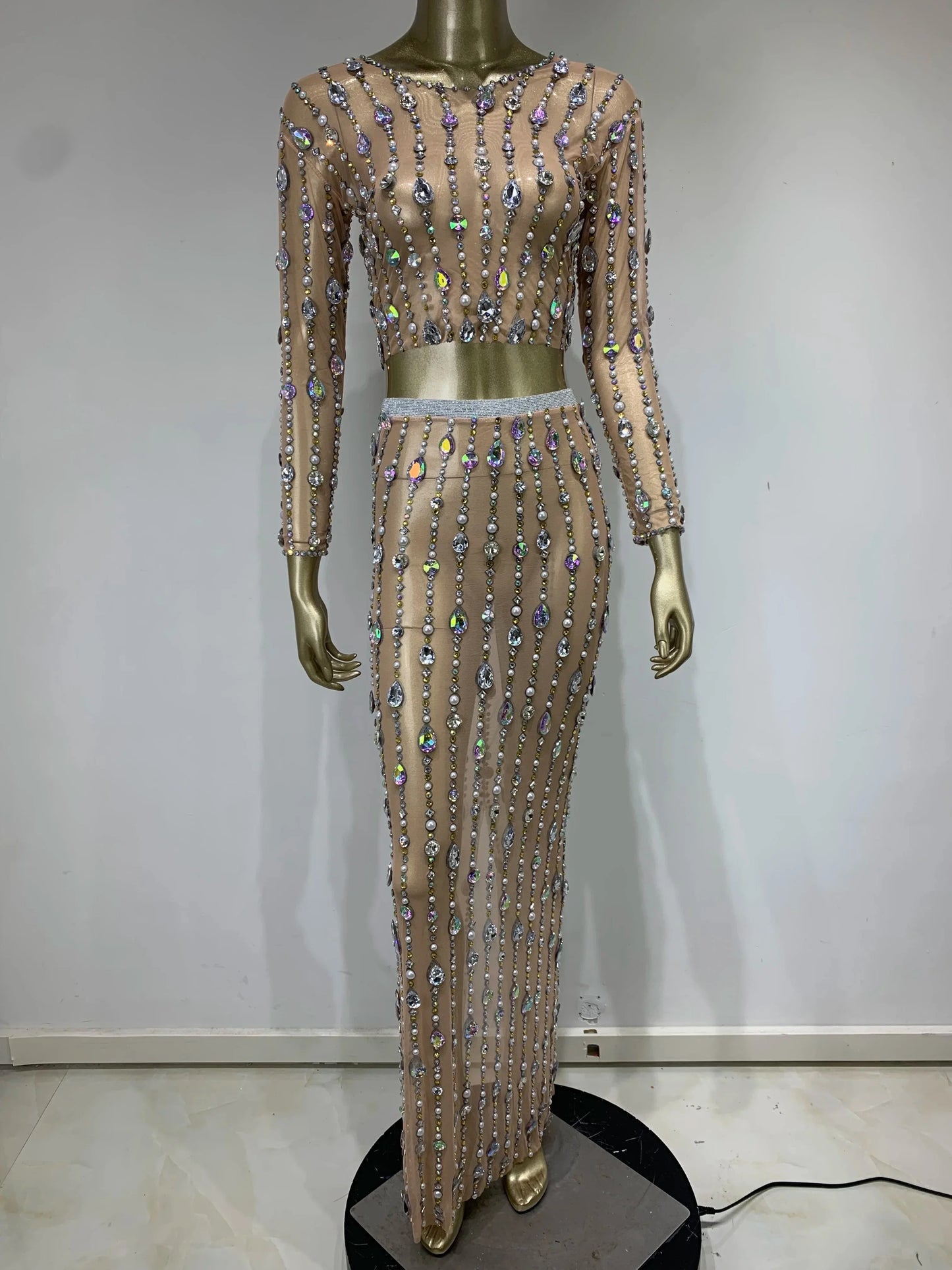 Festival Outfit Women High End Fashion Nude Color Rhinestone Mesh Long Sleeve O Neck Crop Top and Long Skirts Gala Two Piece Set
