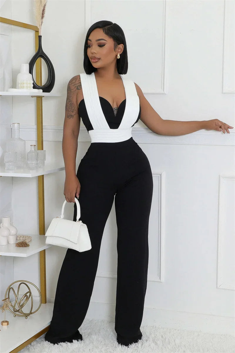 Elegant Fashion Overall Jumpsuit Women Night Club Party Sleeveless Patchwork Birthday Bandage Wide Leg Rompers Combinaison Femme