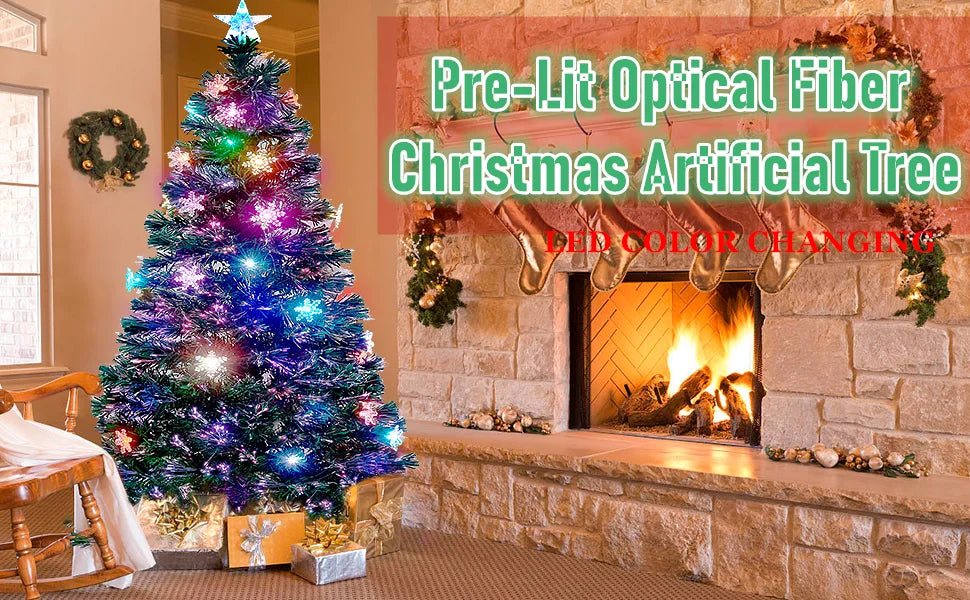 6 ft Pre-Lit Optical Fiber Christmas Artificial Tree, RGB Color Changing LED Lights, Snowflakes & Top Star, Fake Xmas Tree.
