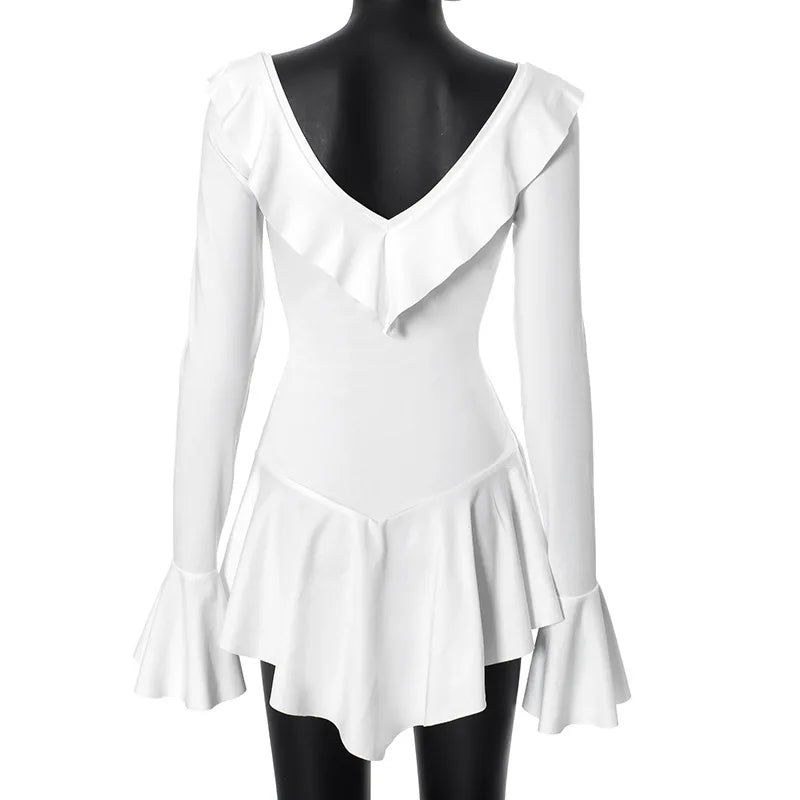 Ruffled Lace-Up White Mini Dress Women's V-Neck Patchwork Long Sleeve Sexy Slim Dress Bandage Elegant Female Summer Dress