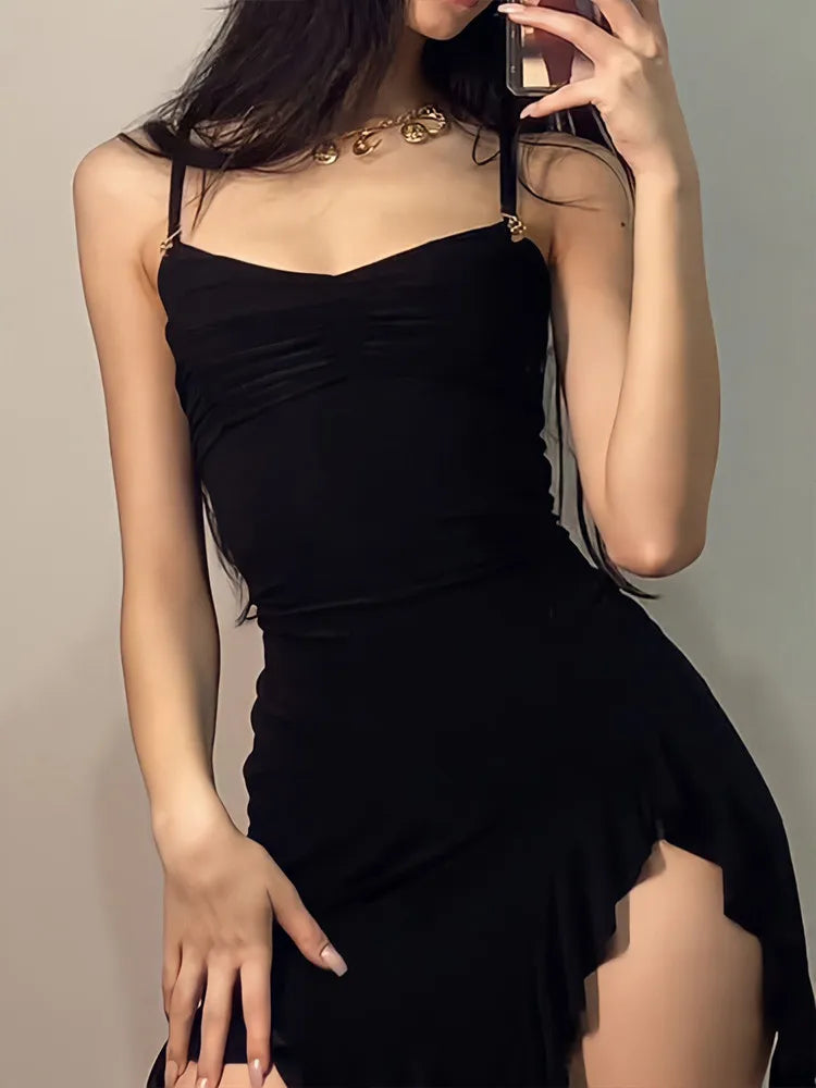 Sexy Summer Mini Dress Women New Black Fashion Streetwear Sleeveless Backless Folds Split Dress Elegant Party Strap A-LINE Dress
