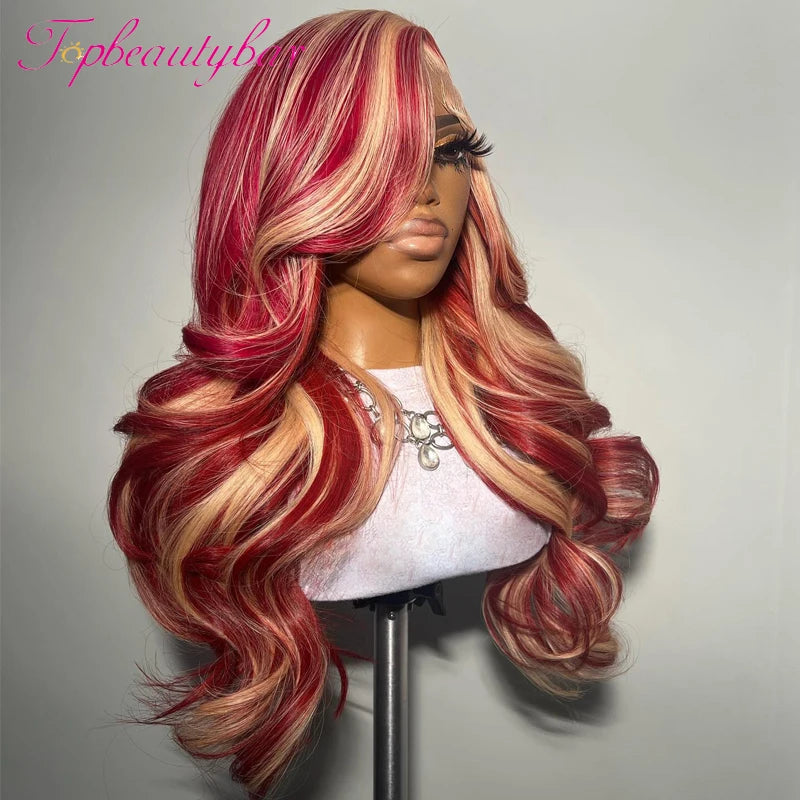 Red and Blonde Color Peruvian 13X4 Lace Front Human Hair Wigs For Women Pre-Plucked 180% Remy Wavy Red Highlight Color Wigs