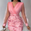 Women Fashion Dress Fashion Floral Pattern Sheer Mesh Patch Long Sleeve V-Neck Elegant Party Dress