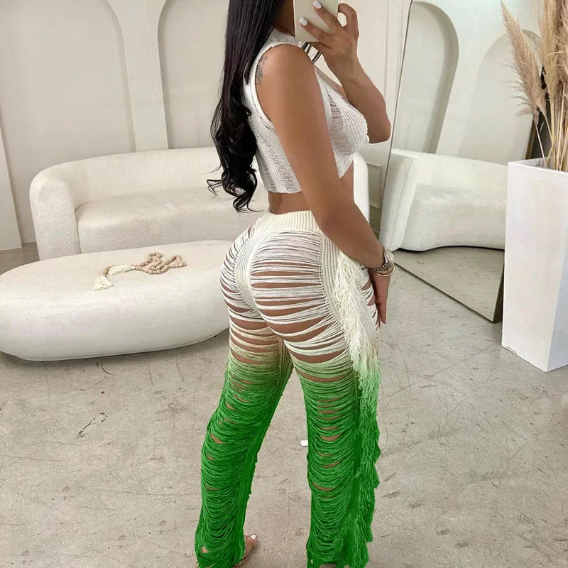 Gradient Color Crochet Two Piece Set for Women Summer Beach Crop Top and Wide Leg Pants Tassel Hollow Out Hole Vacation Outfits
