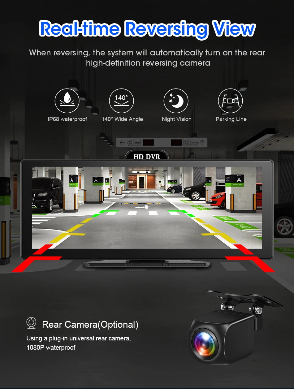 11.26 Inch 4K DVR Wireless CarPlay & Android Auto Dash Cam Bluetooth Audio GPS Navigation Dashboard Dual Lens Video Recorder