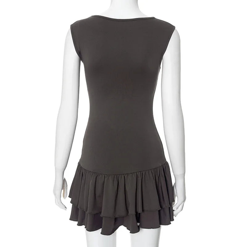 Women's Solid Pleated Short Dress Sleeveless O-neck Fashion Elegant Simple Mini Bodycon Dresses Slim Street Casual Party Holiday