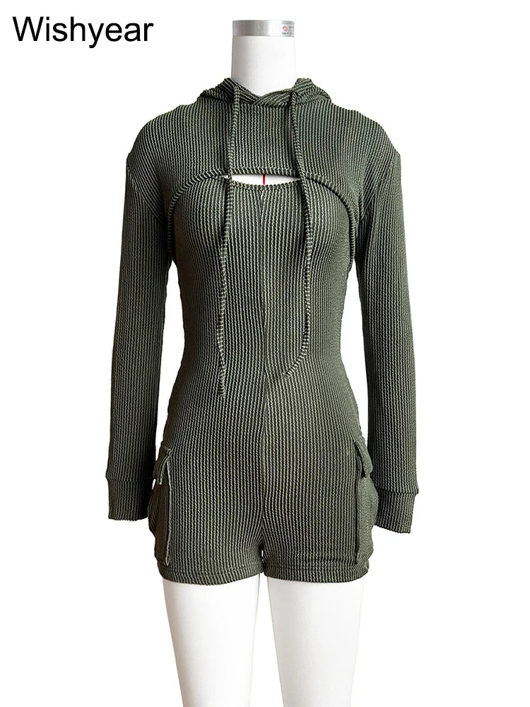 Women's Knitted Ribbed Cargo Pocket Playsuits with Hooded Long Sleeve Top Outfits Jumpsuits Shorts Overalls Birthday Clubwear