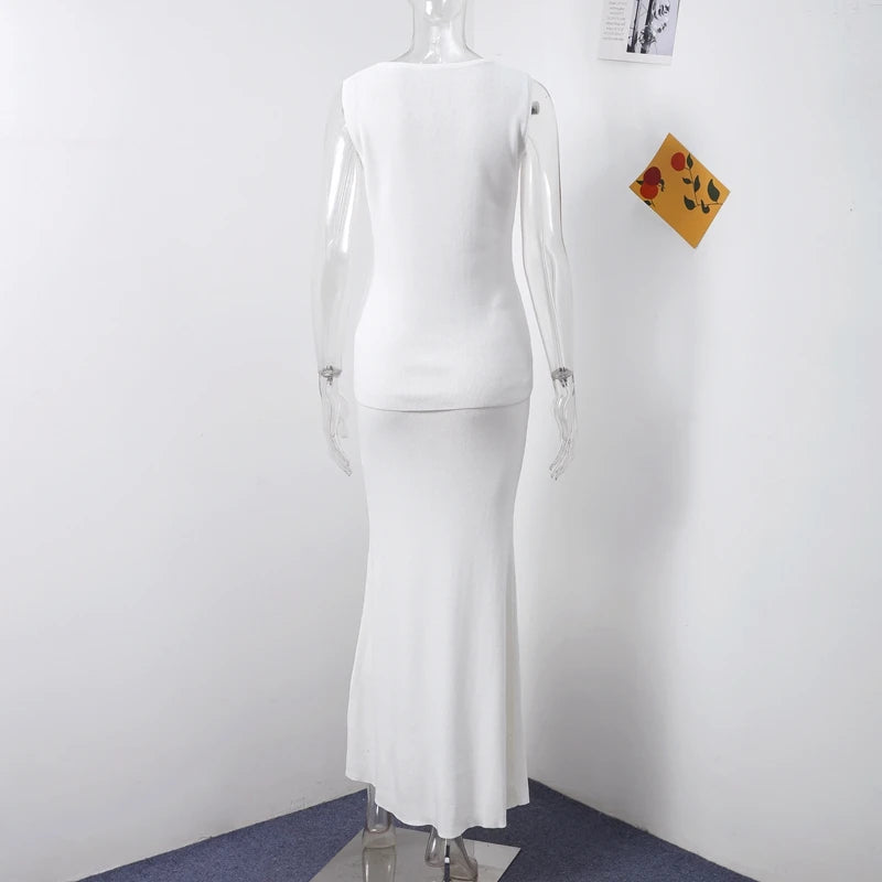 Elegant Knit Vest Suits Women Solid Single Breasted O-neck Sleeveless Slim Waistcoat Bodycon Midi Skirts 2025 Spring Lady Outfit
