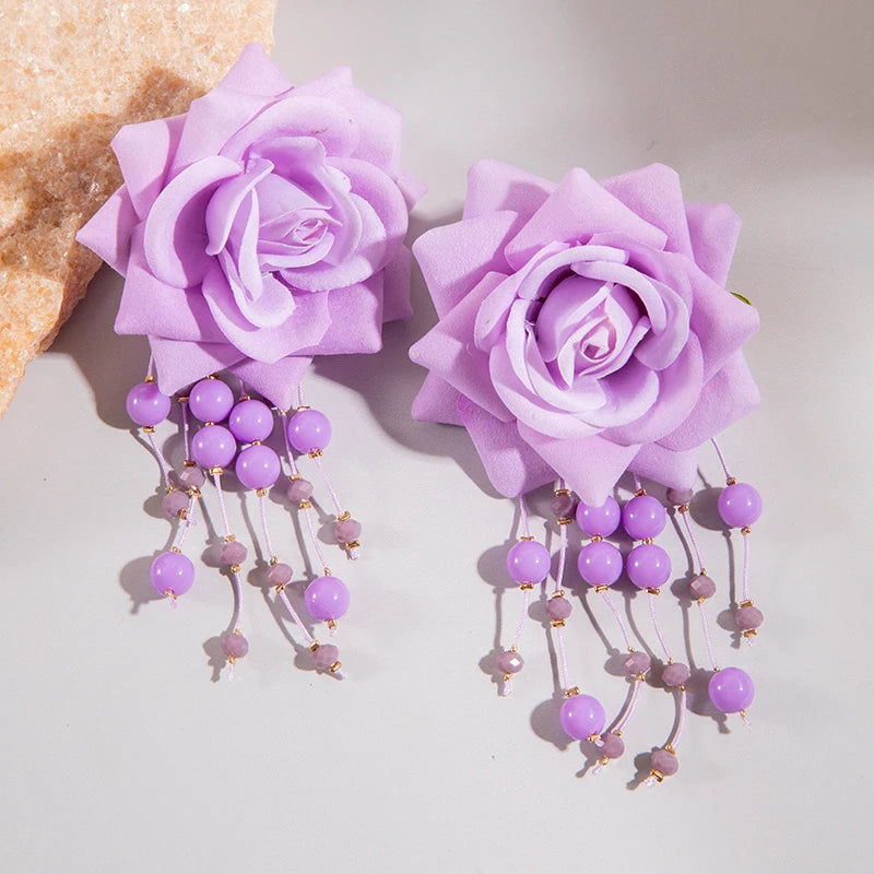 Tocona Bohemia for Women Long Tassel Earrings Multicolor Rose Flower Pendant  Earrings Exquisite Party Jewelry Accessories