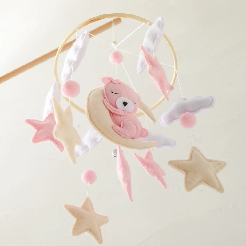 Baby Crib Mobile Rattle Toy 0-12Months Infant Soft Felt Teddy Velvet Pink Bear Bed Bell Hanging Toy Holder Bracket Crib Girl Toy