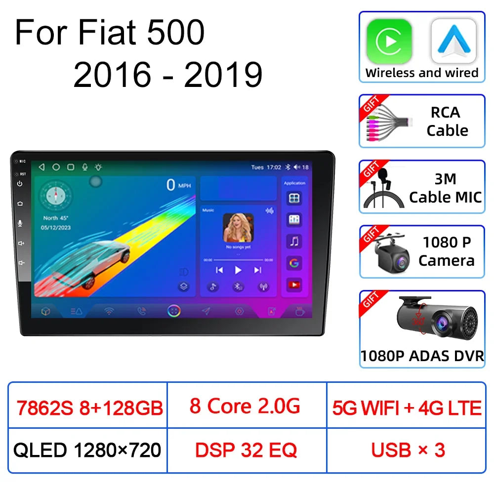 For Fiat 500 2016 2017 2018 2019 Car Multimedia Carplay Android Auto GPS stereo Radio Video Palyer 10 Inch Head Unit