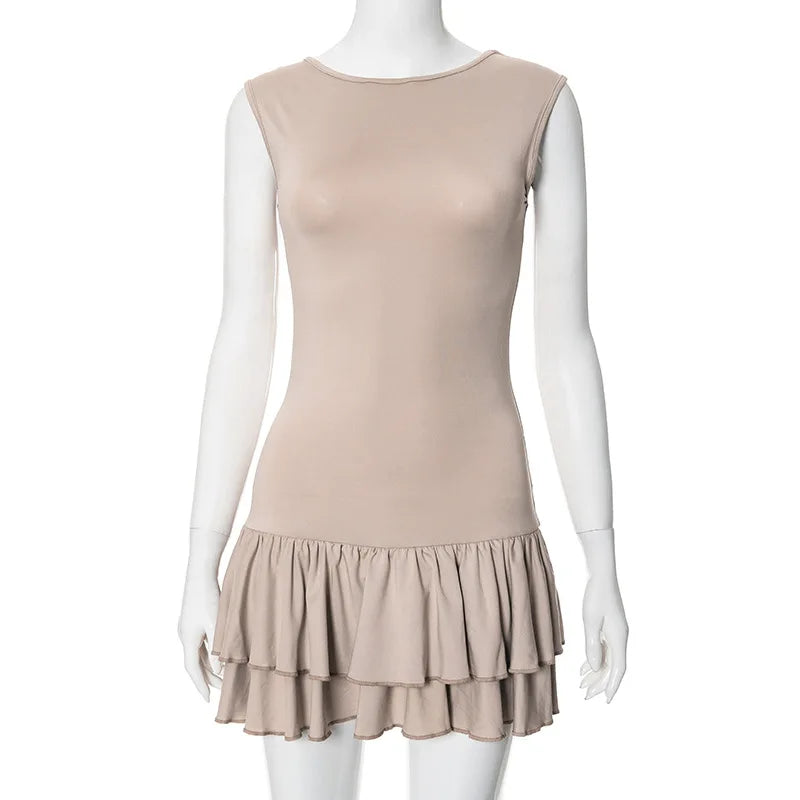 Women's Solid Pleated Short Dress Sleeveless O-neck Fashion Elegant Simple Mini Bodycon Dresses Slim Street Casual Party Holiday