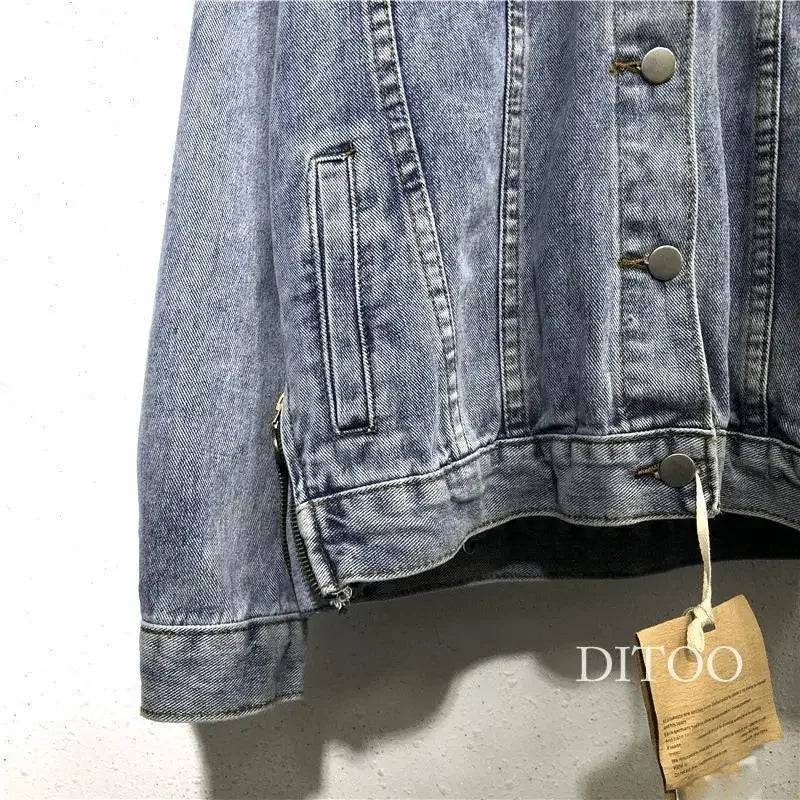 Women Denim Cost Single Breasted Button Jackets Fleece Patchwork Cardigan Pockets Outerwear Casual Warm Solid Loose Fit