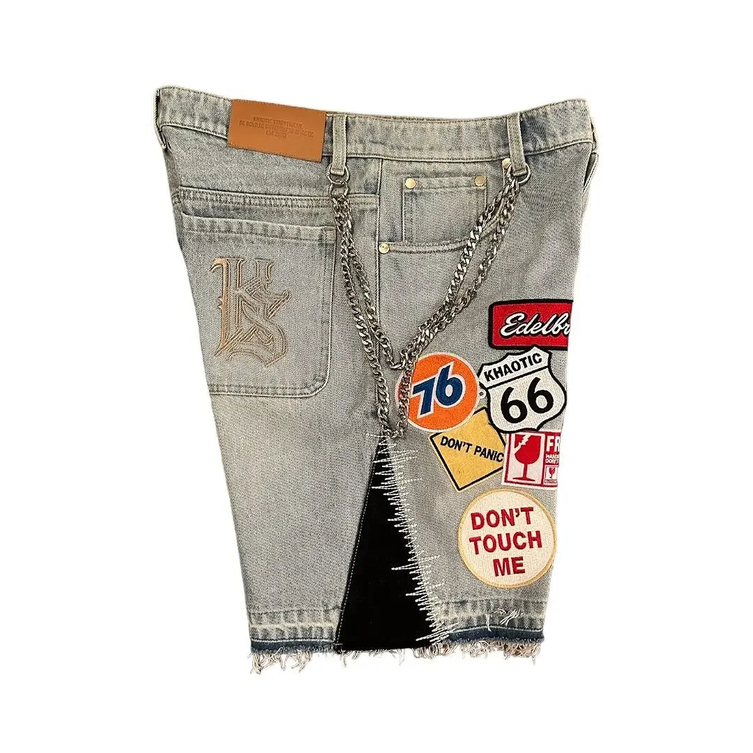 Retro Blue Streetwear Patchwork Denim Short Y2K Jeans Men Women Hip Hop Cartoon Graphics Loose Camo Denim Fitness Casual Shorts