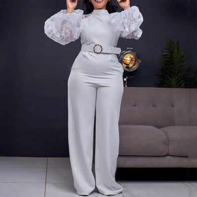 Elegant Jumpsuits for Women Luxury Round Neck Full Sleeve Belt Waisted High Waisted Straight Female Birthday Party Celebrate New