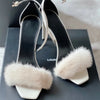 2025 Early Spring New Mink Hair High Heels One-word Sandals Square Head Stiletto Women's Shoes