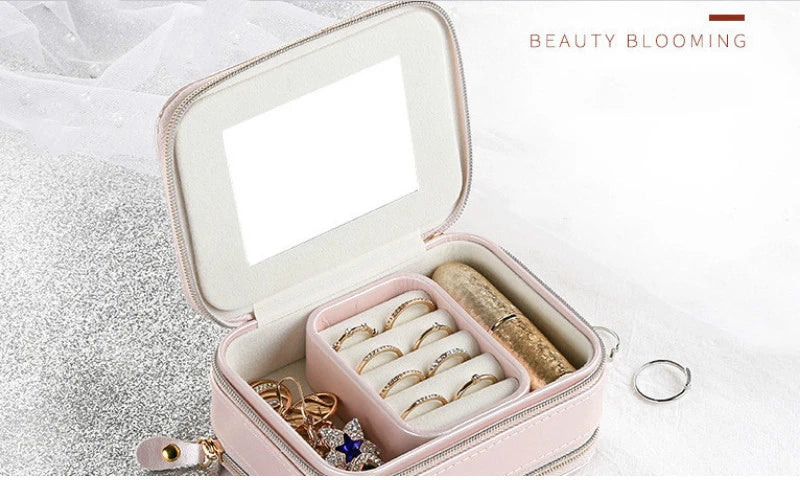 Diamond-set Double Zipper Jewelry Portable Storage Box With Mirror Ring Earrings Necklace Rhinestones Case Lipstick Makeup