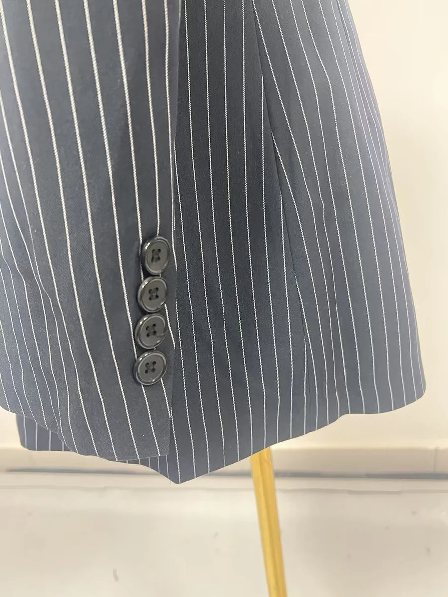 TWOTWINSTYLE Striped Temperament Blazers For Women Notched Collar Long Sleeve Tunic Patchwork Double Breasted Coats Female New