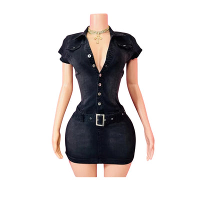 2025 New Denim Short Sleeve Dress Women Modest Sexy Summer Stylish Slim Stretch Acid Wash Vintage Belt Jean Bodycon Dresses