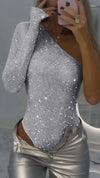 2025 Spice Girls Sexy Sequin Top One-Shoulder Tight Rhinrhinone Solid Color Silver One-Piece Fashion Party Nightclub Summer Top