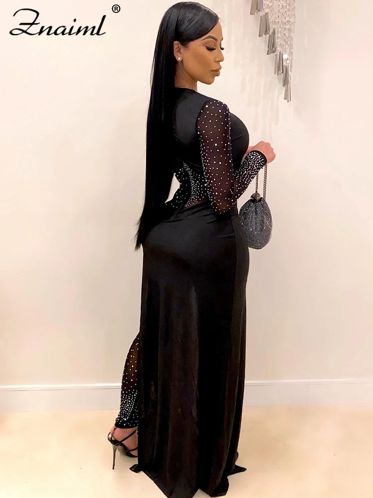 Znaiml Luxury Women Long Sleeve Sheer Mesh Patchwork Skinny Night Party Club Romper Overalls Birthday Sexy Rhinestone Jumpsuits