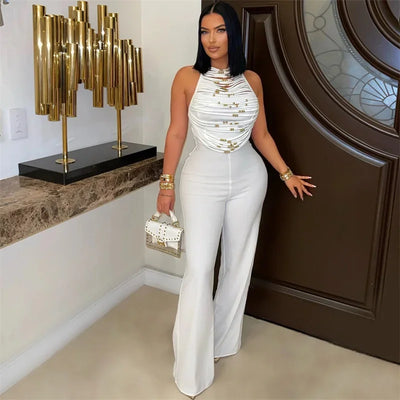 Sexy Halter Backless Jumpsuits Woman Elegant High Waist Flare Pants Sleeveless Beading Ruched Party Romper Birthday Club Outfits