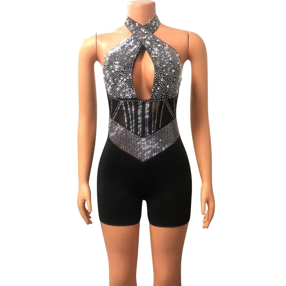 HLJ Gold Woman Evening Party Outfits Rhinestone Crystal Luxury Jumpsuits Women Corset Patchwork Bodycon Rompers Elegant Sexy