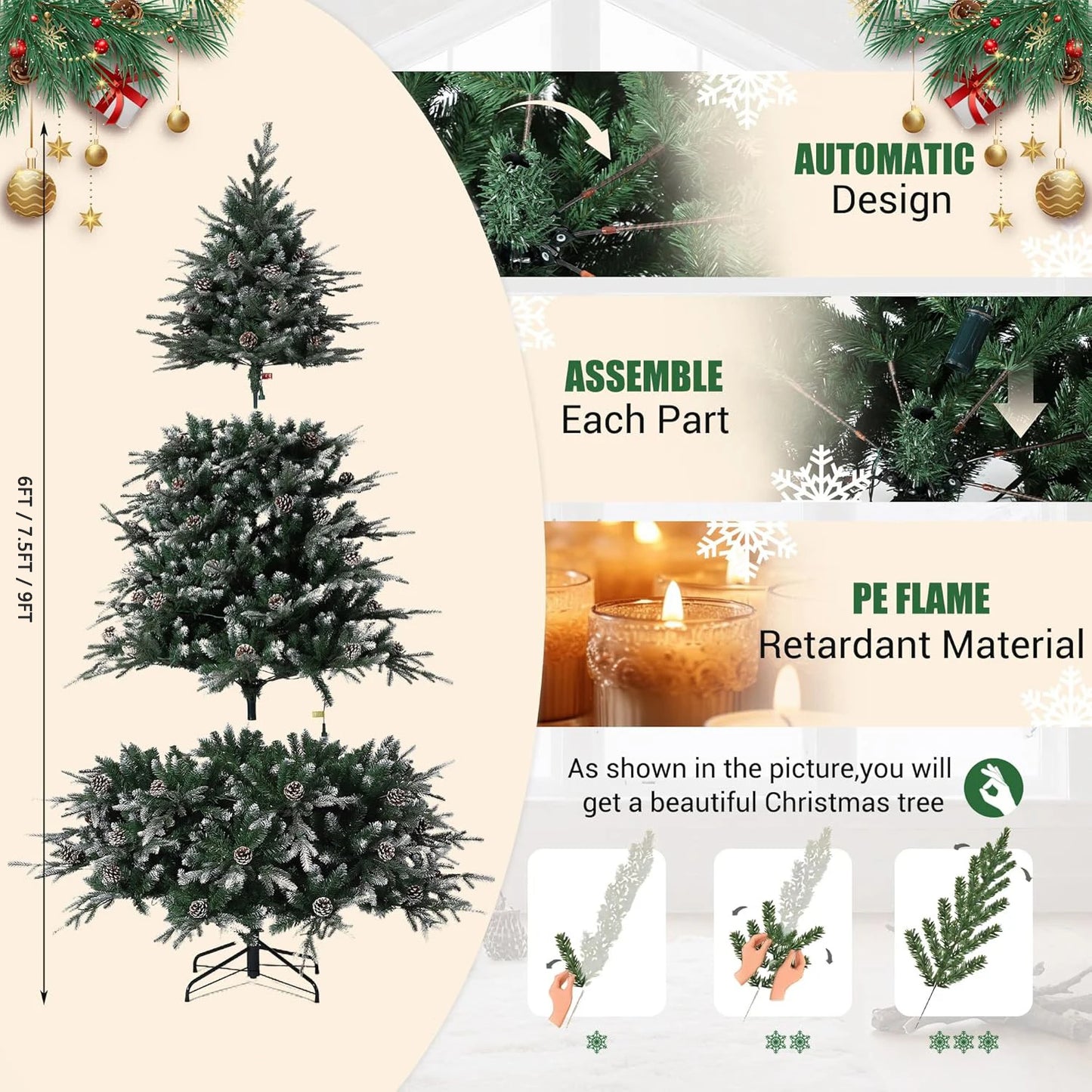 6Ft/7.5Ft/9Ft Pre-Lit Snow Flocked Christmas Tree 8-Modes LED Lights Prelit Artificial Tree With Fake Pine Cones For Home Decor