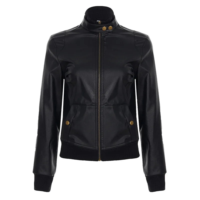 Street style waist cinched short stand up collar PU leather spicy girl zipper cardigan casual jacket