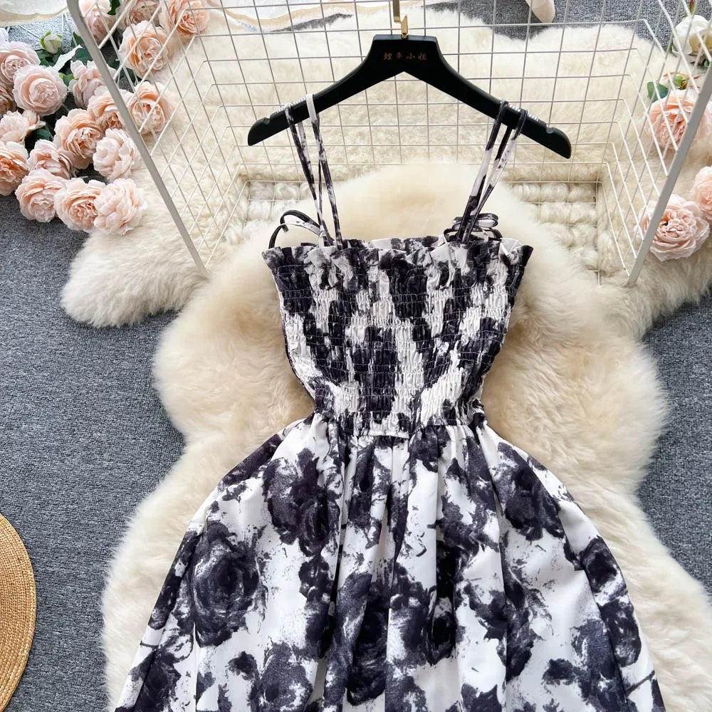 2024 New Summer Korean Fashion Rose Flower Print Romantic Retro Party Dress Elastic High Waist Vacation Long Dress Beach Vestido