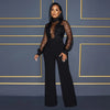 Fashion Women's Clothing Hollow Long-sleeved Loose Wide Leg Jumpsuits Overall Pants Solid Color Sexy Lace