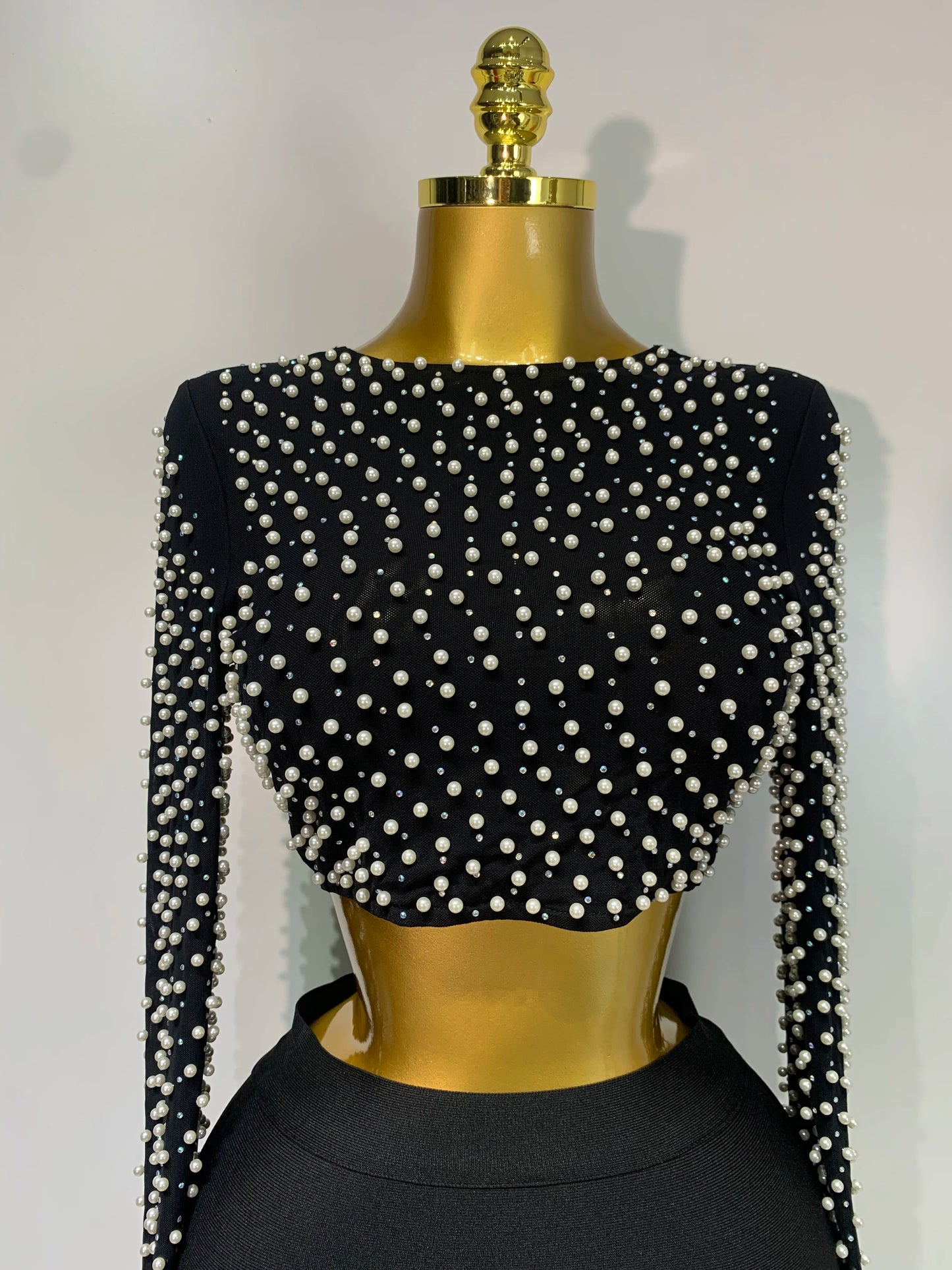 Women Sexy Long Sleeve Mesh Pearl Top Celebrity Midi Women Bandage Set 2025 Designer Evening Party Luxury Birthday Two Piece Set