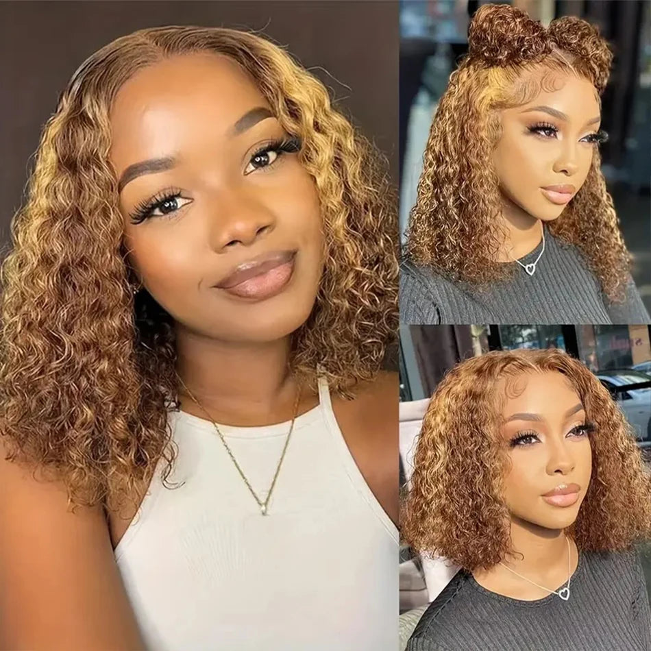 4/27 Deep Water Wave Short Bob Wigs Highlight Curly 13x4 Lace Front Wig Brazilian 100% Real Human Hair Wig Ombre Brown Short Wig