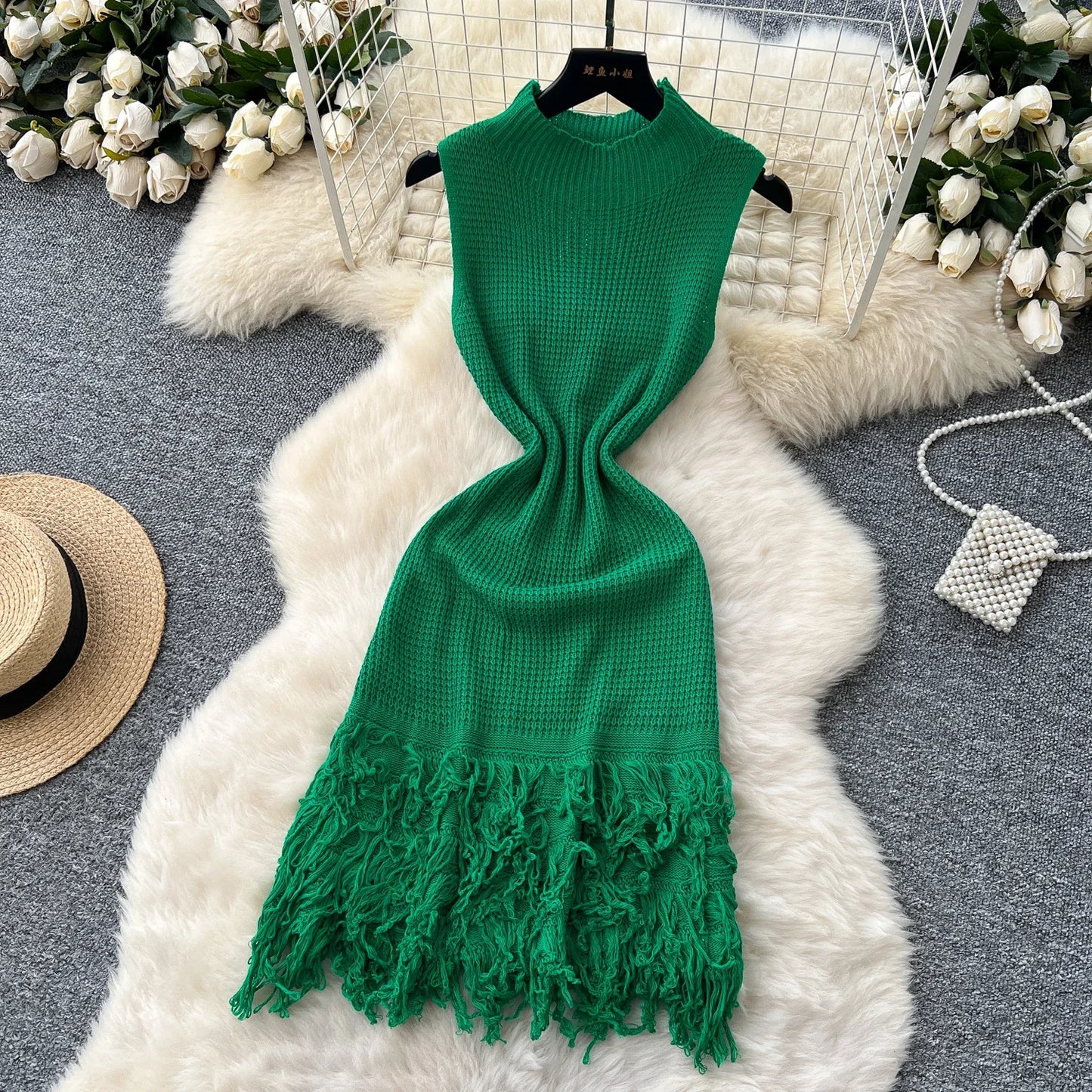 Chic Elastic Knit tassel O Neck Women Elegant Korean Fashion Vestidos Summer A-line Wrap mini dress