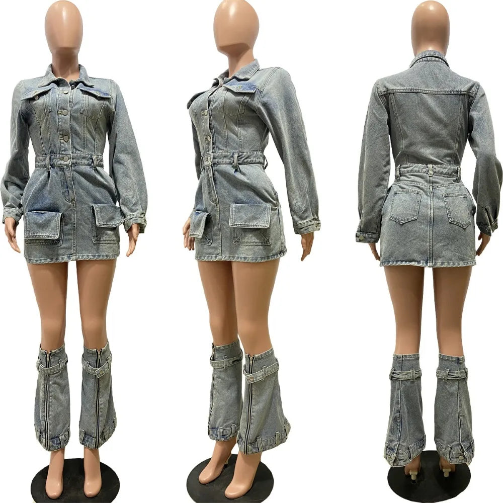 FAGADOER Fashion Button Long Sleeve Denim Mini Dress Women Turndown Collar Pocket with Leg Cover Clothing Female Cowboy Vestidos
