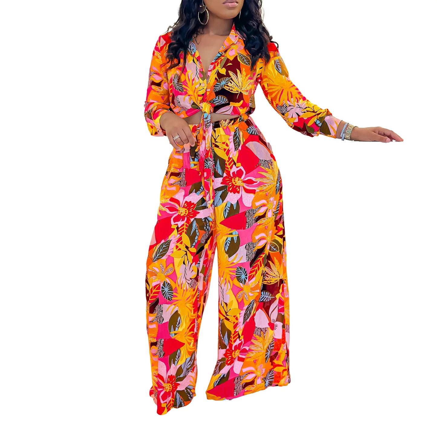 Fashion Printed Shirt Long Sleeve Women's Suit Spring Autumn Fashion Lace Up Tops Slim Elegant Female Straight Pants 2 Piece Set
