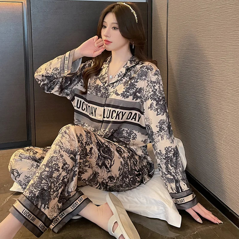 Spring Autumn New Satin Silk Pajamas for Women Fashion Long Sleeve Long Pants High Grade Elegant Comfortable Lapel Loungewear