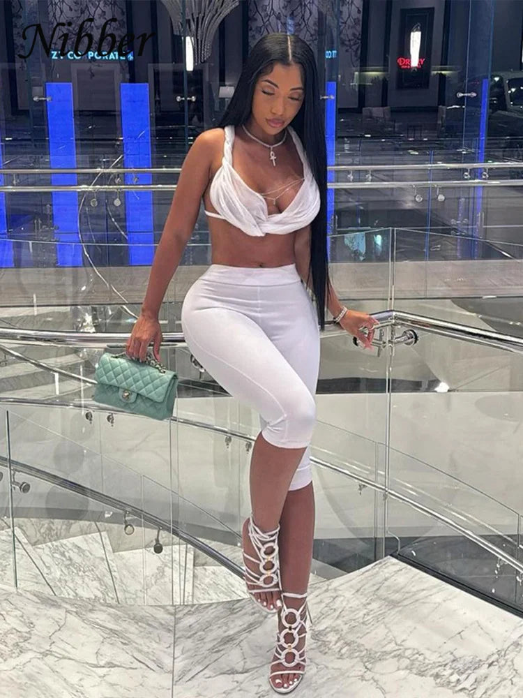 Nibber Sexy See Through Women 2 Piece Set Summer Trend Mesh Thin Whip Halter Tank Tops+Wide Waist Shorts Matching Street Outfits