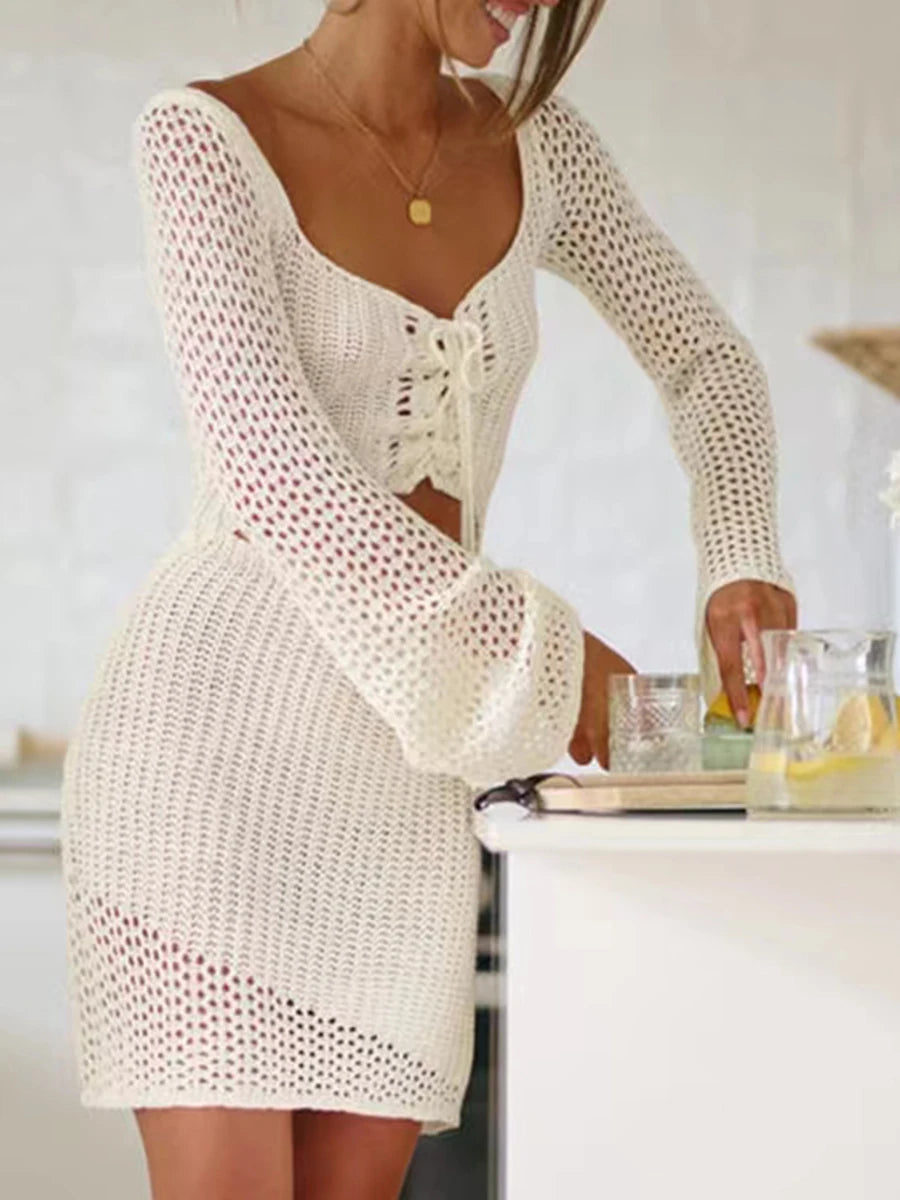 Mesh Crochet Long Beach Shirt Women Solid Cover Up Ladies Long Sleeve Hollow Out 2025 Sexy Beachwear Bathers Swim Bathing Suit