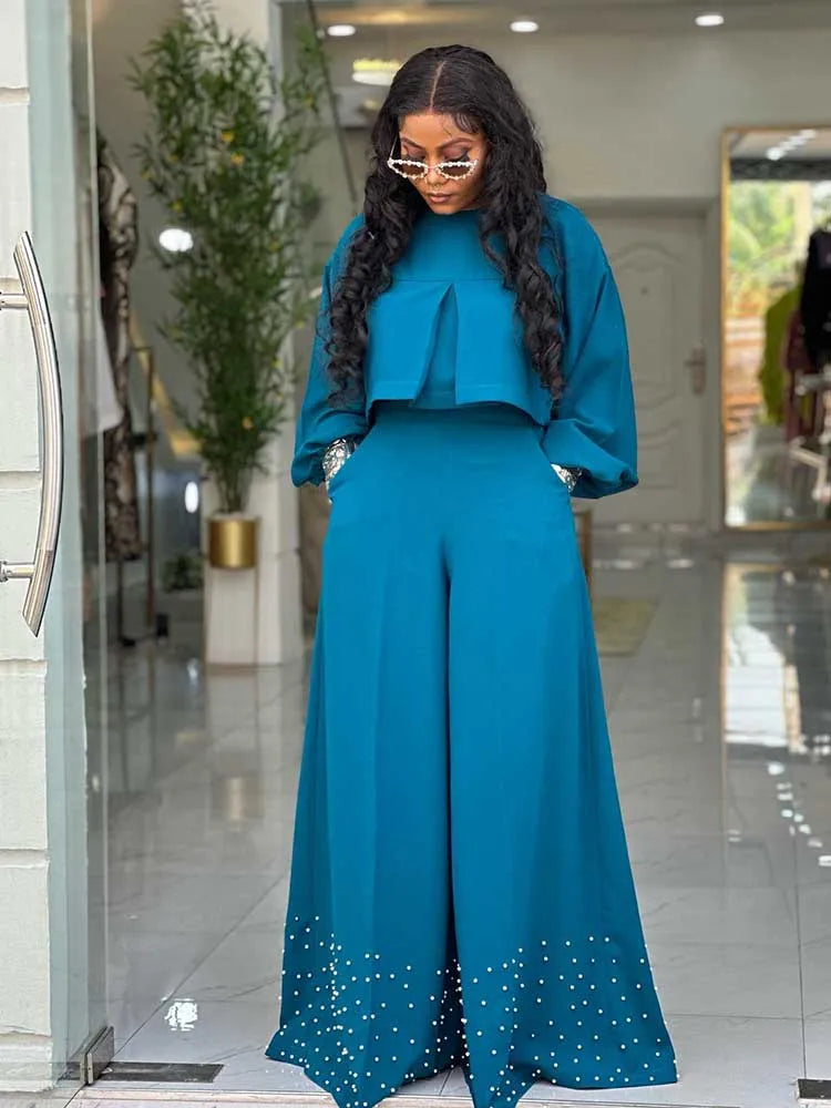 Spring Clothes for Women 2 Piece Sets Women Outfit Lantern Sleeves Suit with Wide Pants and Top High Street Ladies Elegant Sets