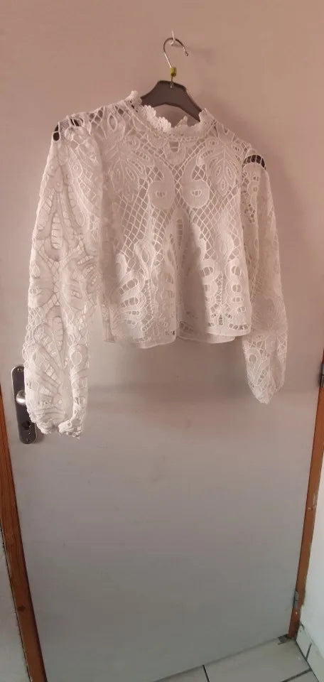 Sexy Long Sleeve White Lace Shirts Women Blouses Casual Crochet Hollow Out Elegant Tops Cropped Turtleneck Blusas 16296