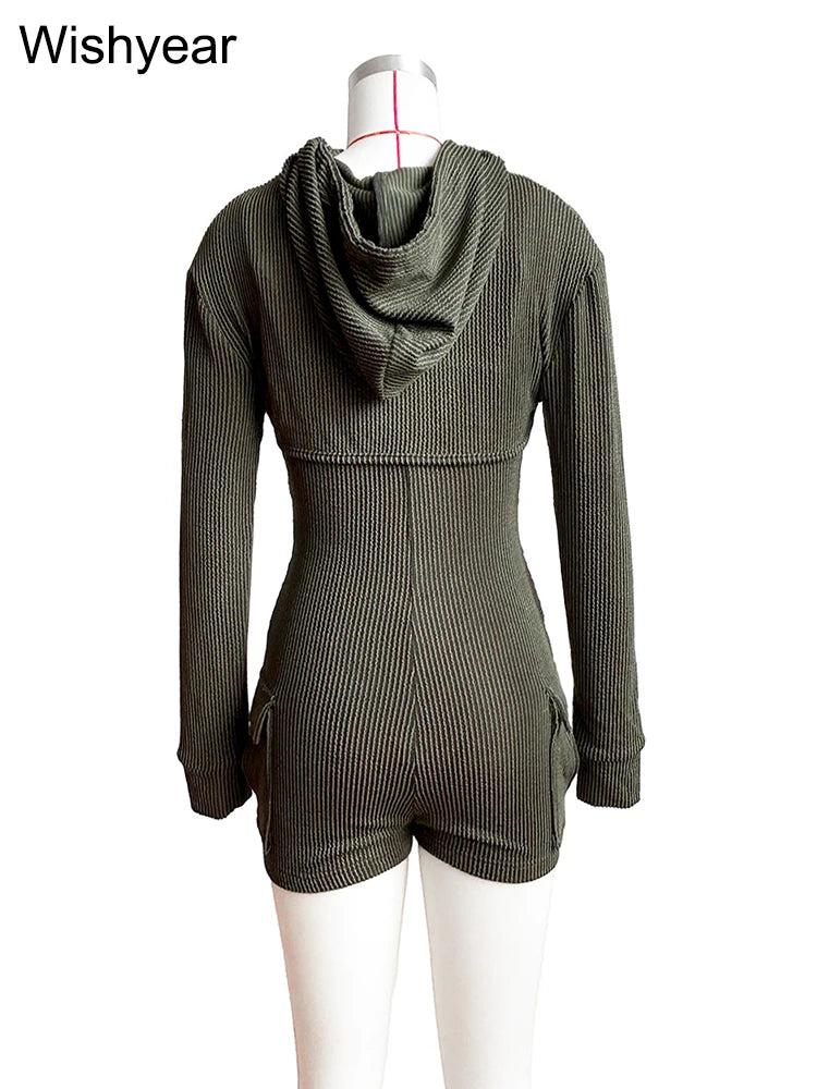 Women's Knitted Ribbed Cargo Pocket Playsuits with Hooded Long Sleeve Top Outfits Jumpsuits Shorts Overalls Birthday Clubwear