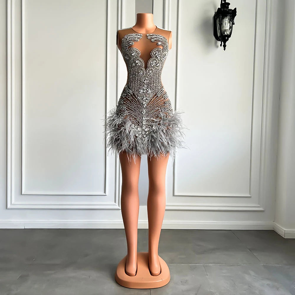 Stunning Sparkly Luxury Diamond Women Birthday Party Cocktail Gowns Sexy Sheer Pink Feather Mini Short Prom Dresses 2025