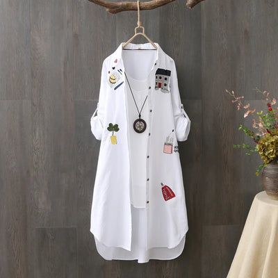 Women Cotton Embroidery Loose Long White Shirts 2025 Spring Autumn New Casual Office Lady Blouse Female Top Loose shirt